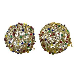 (2) Beaded Gold Tone Brass Wire Christmas Round Ornaments Modern 1990s Vintage